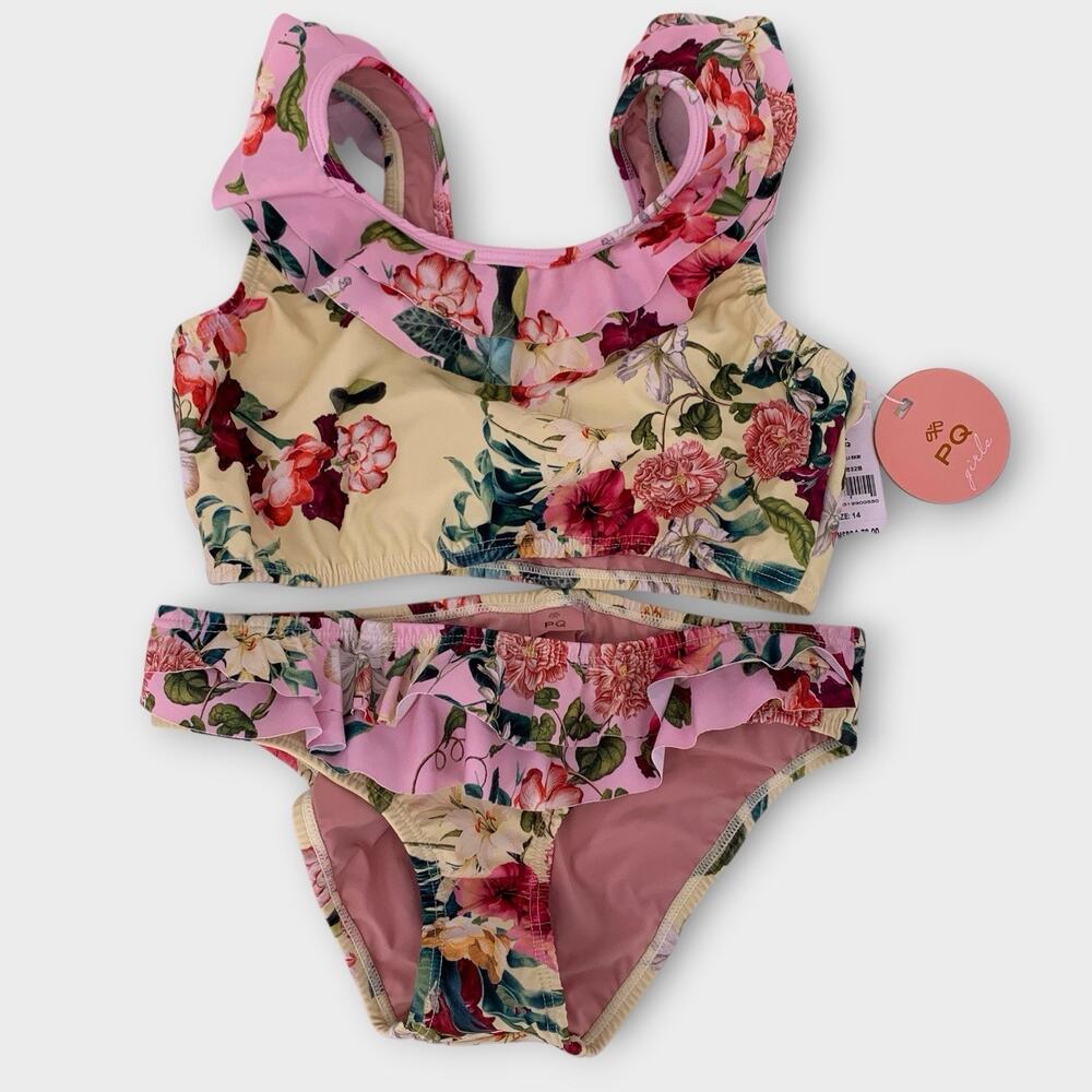 NWT PQ Swim - Girls Summer Hibiscus Flutter Bikini - Two Piece Set Size 14